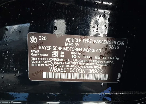 2016 BMW 320I из США, поврежденный, VIN WBA8E1G50GNT36933